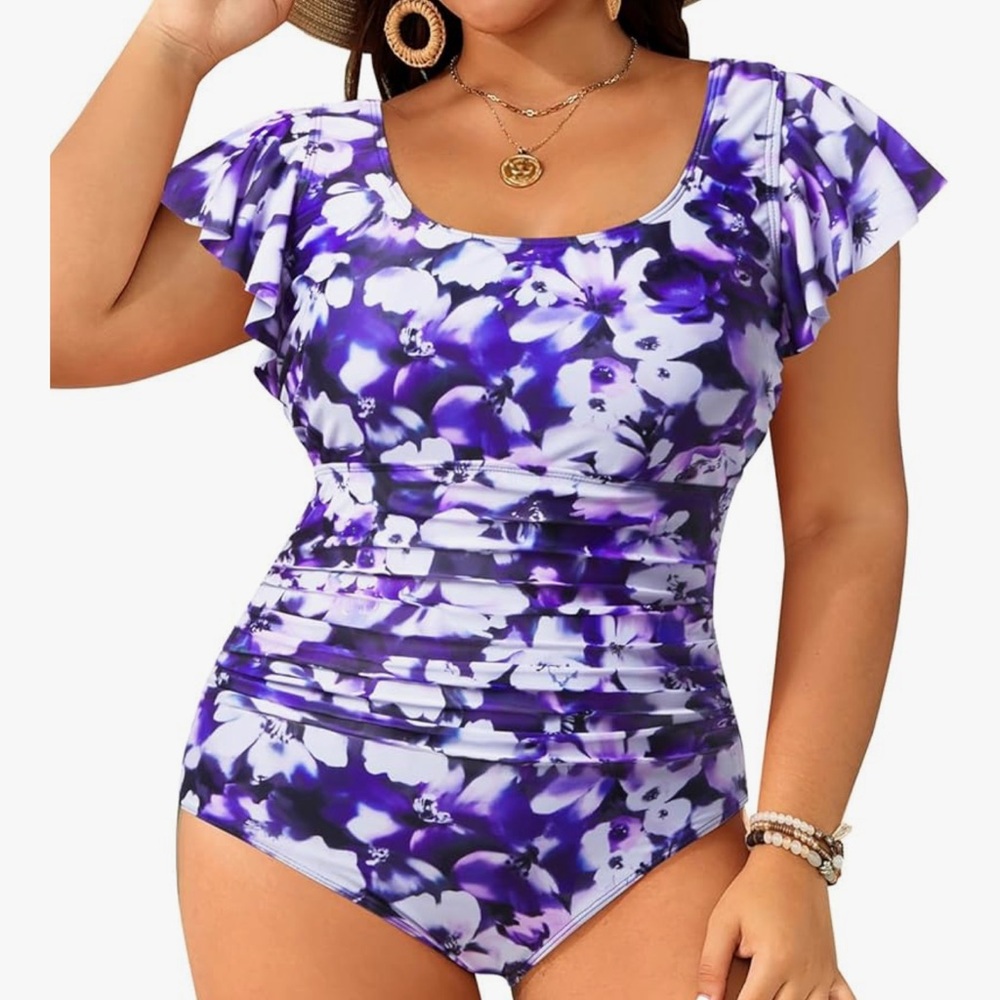NWT Plus Size One Piece Tummy Control Ruffle Vintage Swimsuit With Sleeves